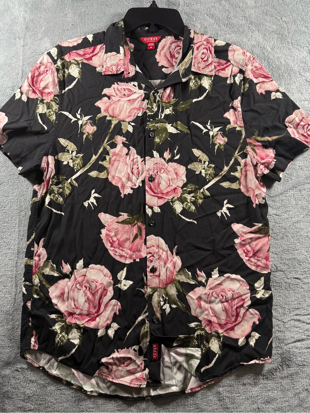 Guess Hawaiian Floral AOP Shirt Colorful Blue Slim Button Up Short Sleeve Medium